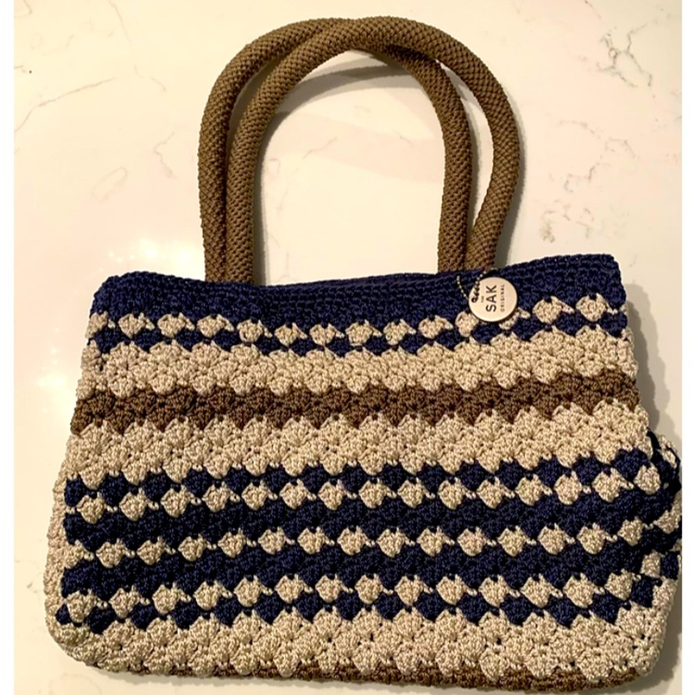 The Sak Crocheted tote brown navy multicolor Purse Handbag